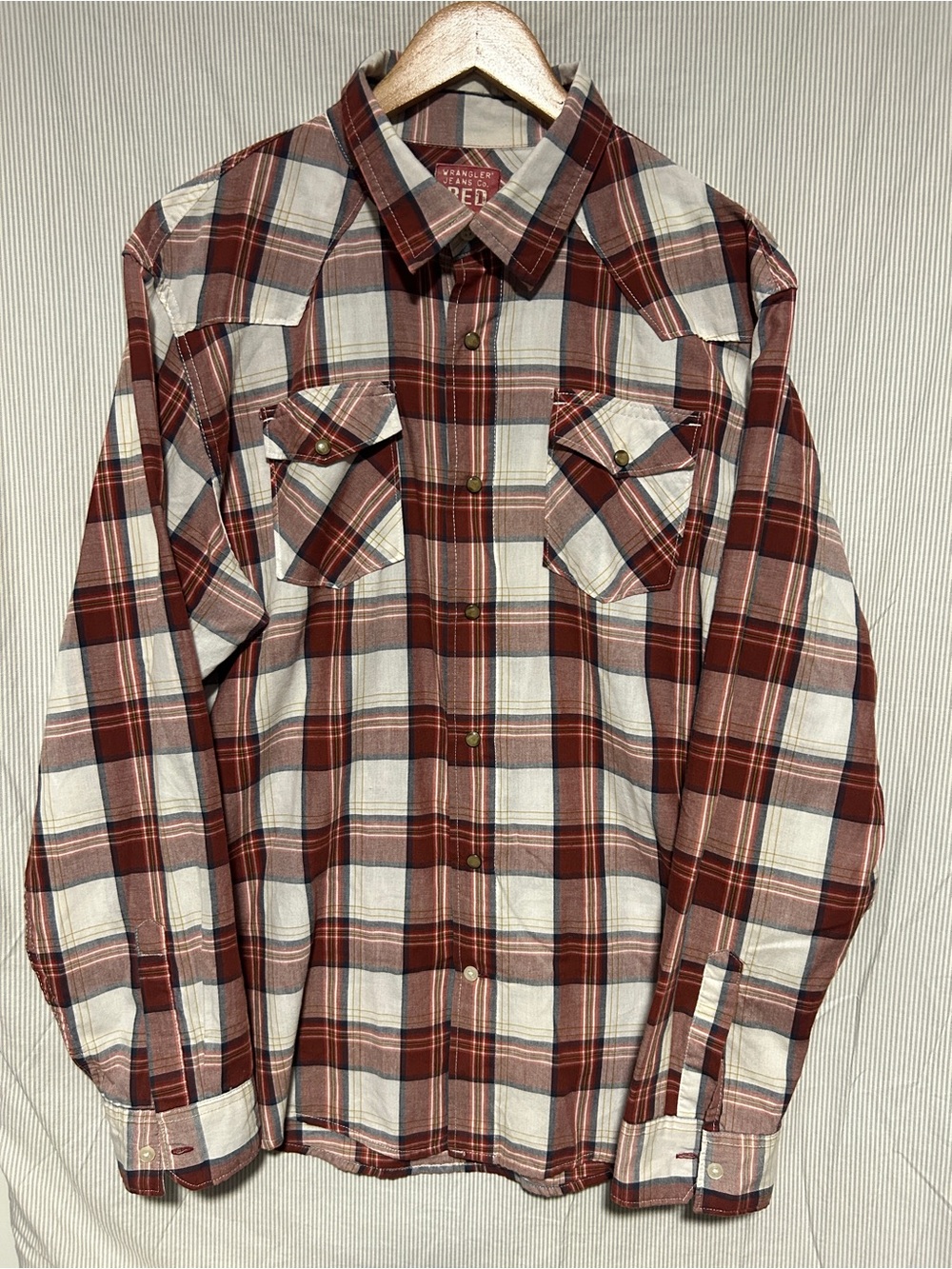 Wrangler Red and White Plaid Western Button-Down Shirt Pearl snap